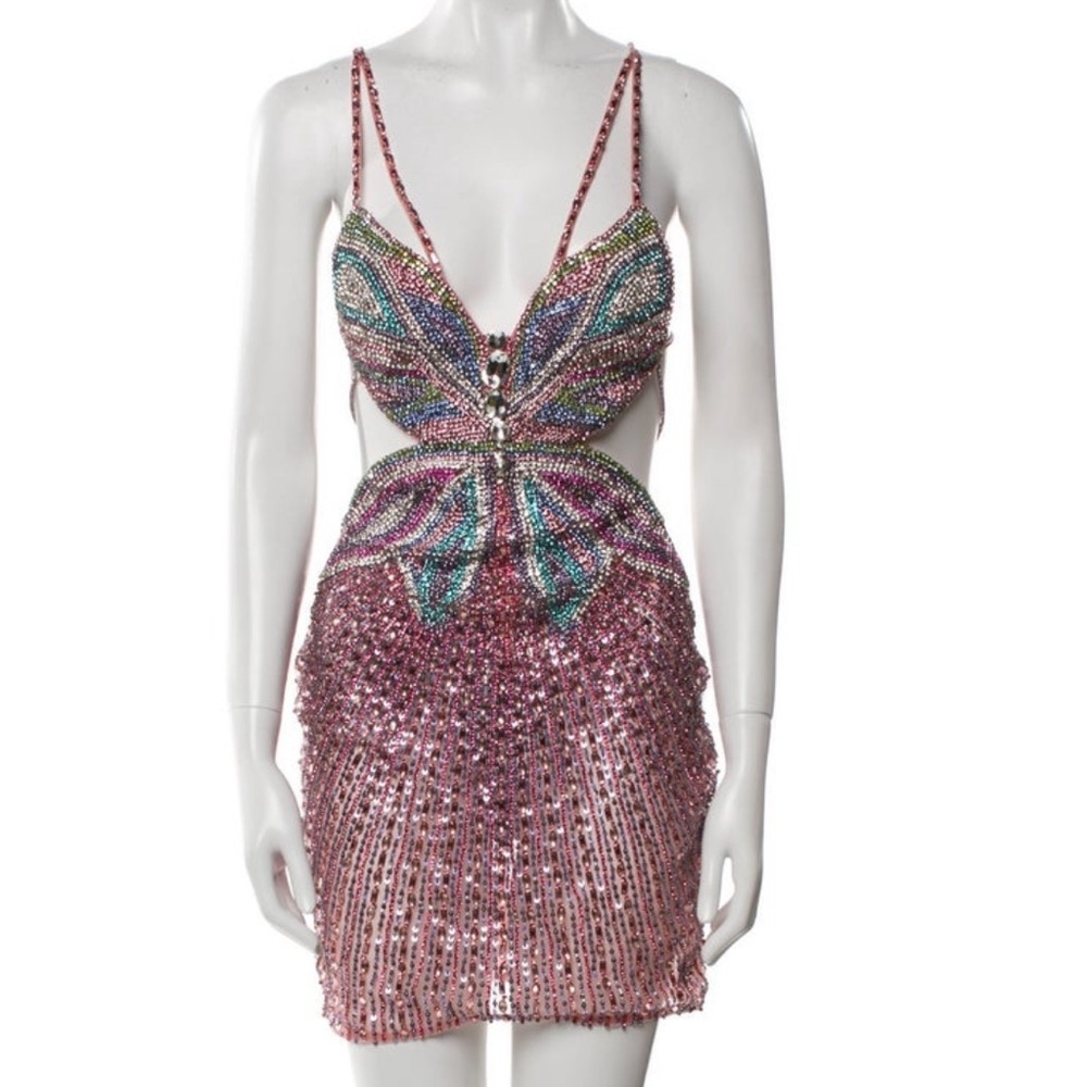 Portia and Scarlett Iridescent Silver and Pink Beaded Mini Homecoming Dress - Picture 3 of 5
